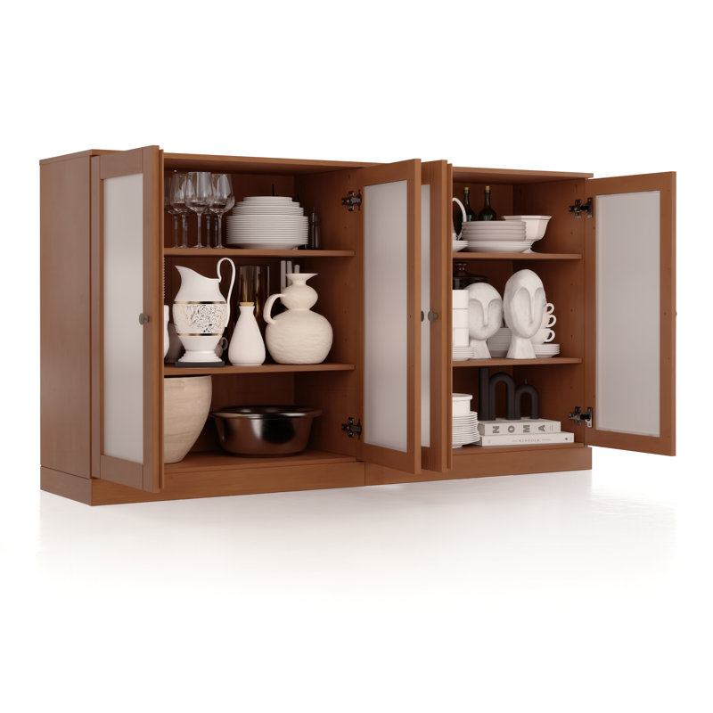 100% Solid Wood 64" Sideboard with Frosted Glass Doors and Adjustable Shelves, Mocha