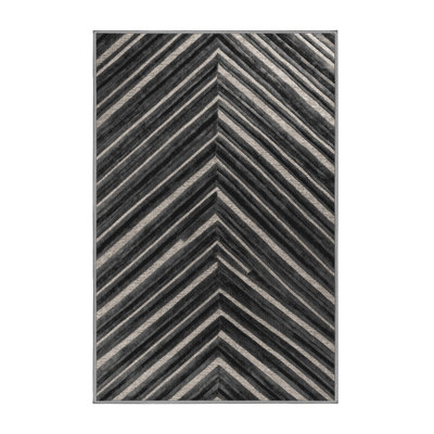 Washable Dark Gray Silver Striped Area Rug