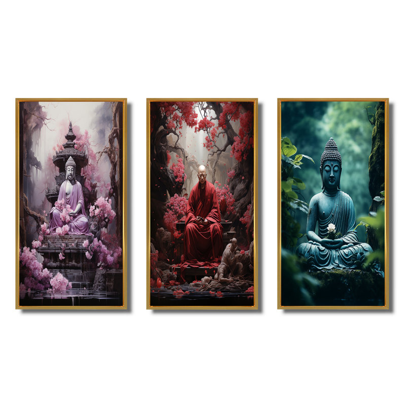 " Pink Buddhism Buddhist Chanting " 3 - Pieces, 28" H x 36" W, Gold Framed