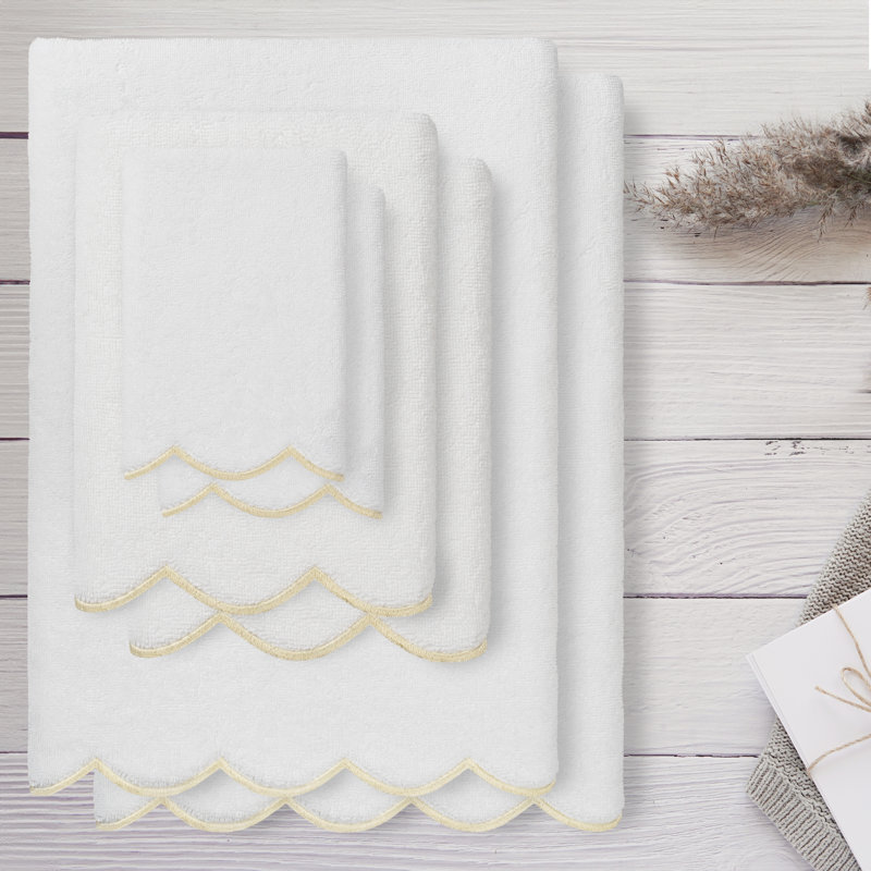  Ensemble de serviettes 100% coton festonné 100% coton ADORNIA, Blanc / beige, Ensemble 6 serviettes de bain