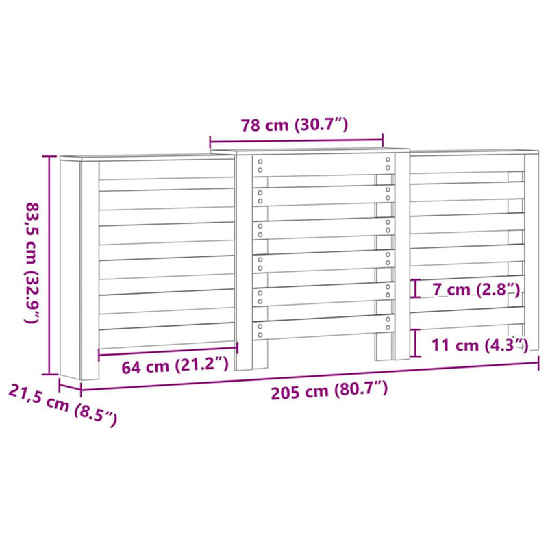 Extra Large Radiator Cover, Black Oak, 205 x 21.5 x 83.5 cm, Horizontal Slats