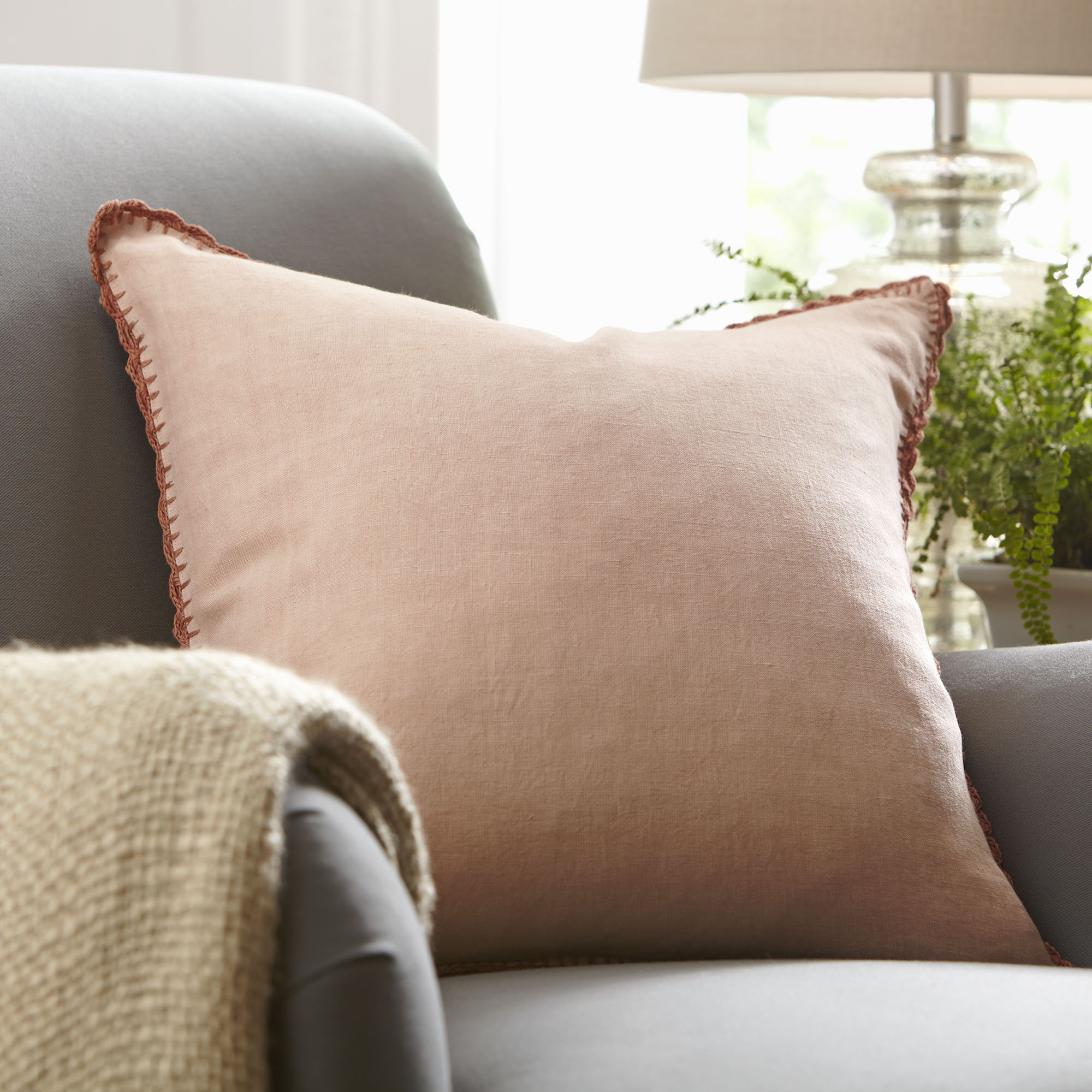 Stokes Embroidered Linen Throw Pillow, Terra, Pillow Cover Only, 22" x 22"