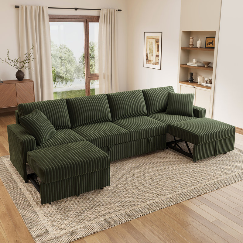 Canapé-lit modulaire Brunella, Velours côtelé vert