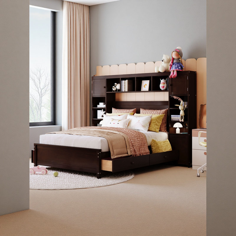 Lit double en bois avec armoire et tablette tout-en-un, Espresso