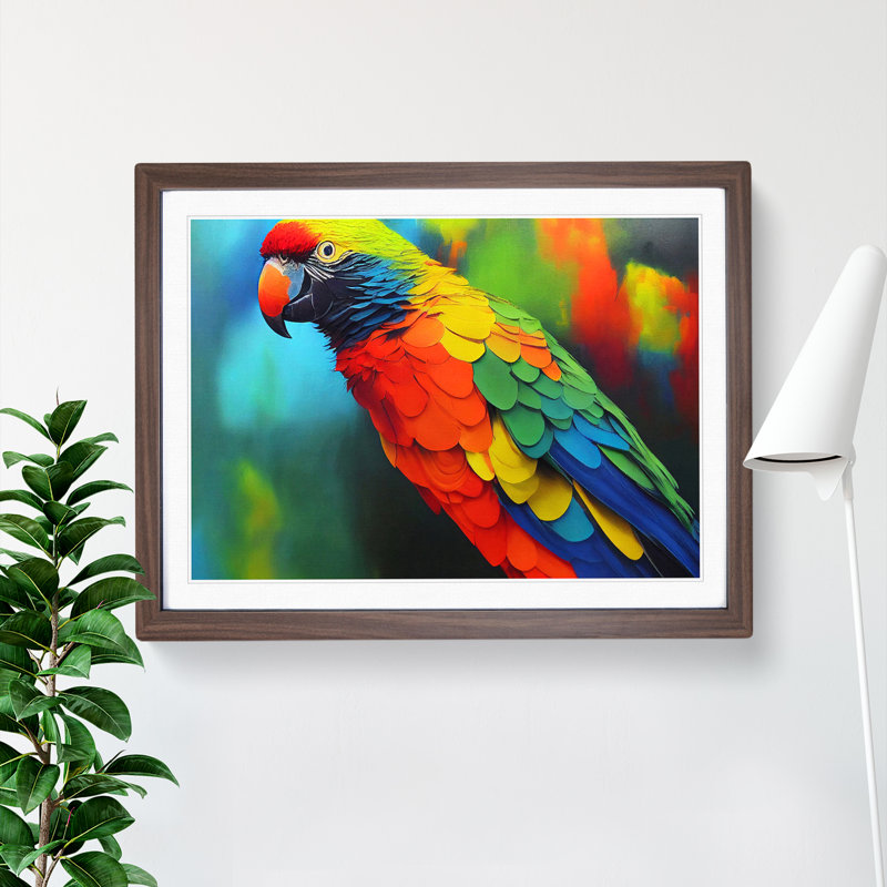 Colourful Parrot Portrait Vol.1 - Single Picture Frame Painting, 25cm H x 34cm W x 2cm D, Walnut Framed