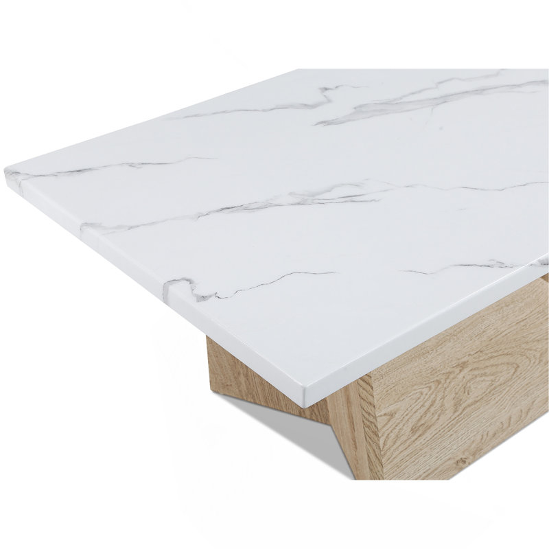 Ensemble de table basse moderne 3 pièces Table de bout Table de bout luxueuse avec plateau en faux marbre blanc et base en chêne blanc angulaire
