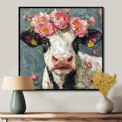Dosh Cow Painting With Peonies I - Cow Framed Canvas Print