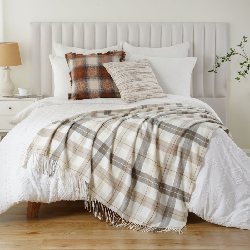 Plaid Throw Blanket, Farmhouse Checkered Throws, White/Gray