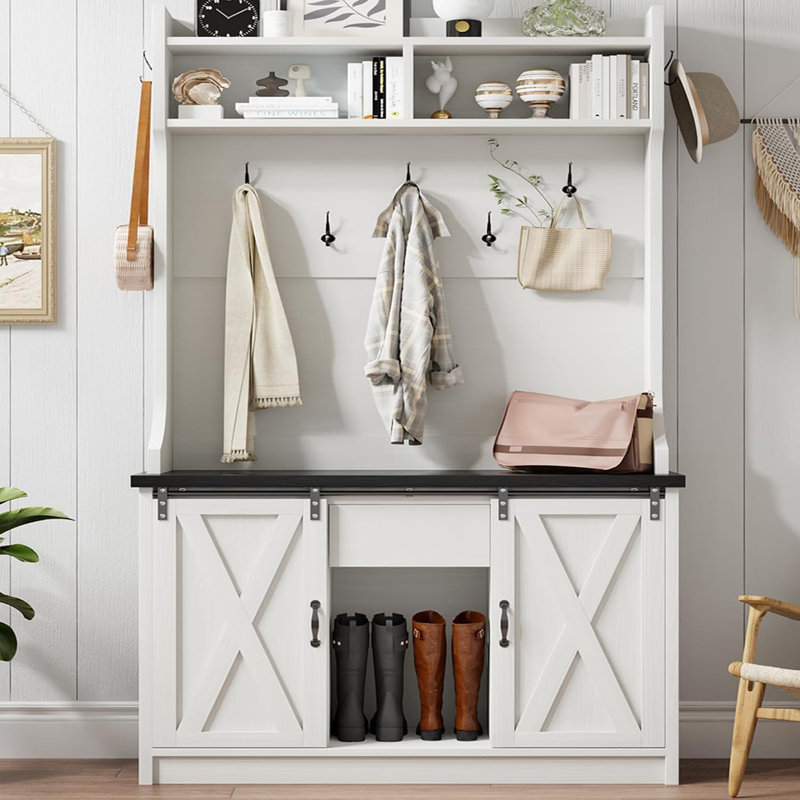 Farmhouse Hall Tree with Storage, 42 Inch Wide Entryway Bench with 2 Sliding Barn Doors,Tall Hall Tree with Coat Rack & Shoe Storage