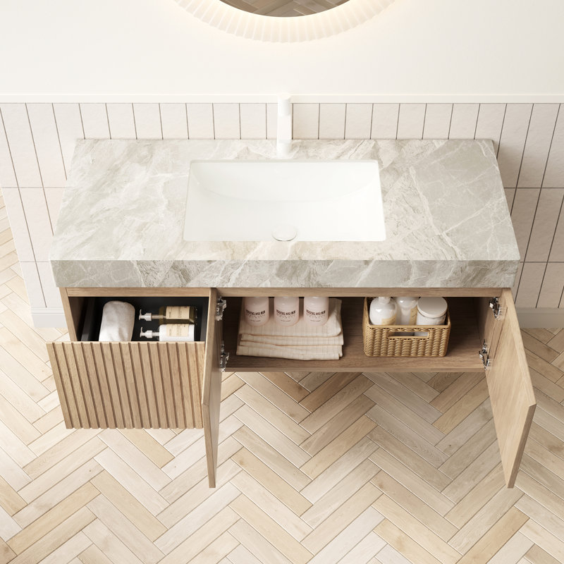 48" Bathroom Vanity With Ceramic Basin, Floating Plywood Storage, 2 Doors, 1 Drawer, White Oak , Gray Sintered Stone Top Vanity, Plywood, - Style, Finish, Scratch