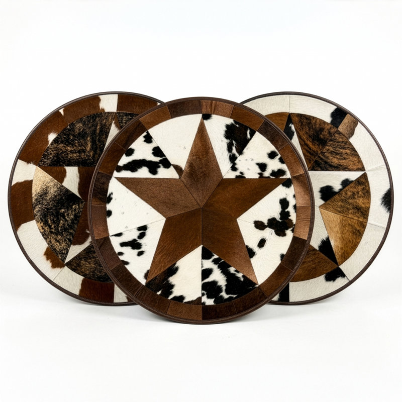 Tapis rond en cuir de vachette patchwork Texas Star de 101,6 cm (40 po) - 100 % cuir véritable, Round, 40 in.