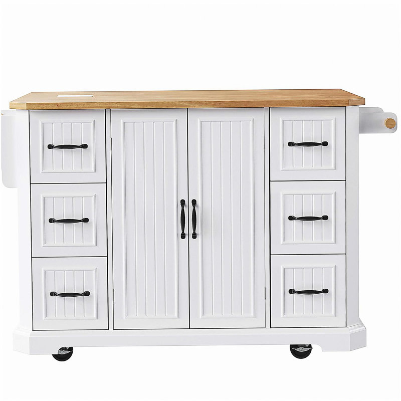 56-inch rubber wood veneer drawer-style kitchen island with power outlet, 4-door storage shelves, 4-wheel textured rolling kitchen cart with 6 deep drawers, suitable for kitchen, restaurant, white
