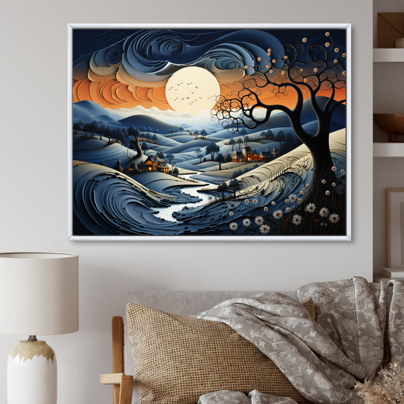 Countryside Twilight Blues Landscape III, reproduction d'art sur toile, H 30 po x l 40 po, Cadre photo blanc