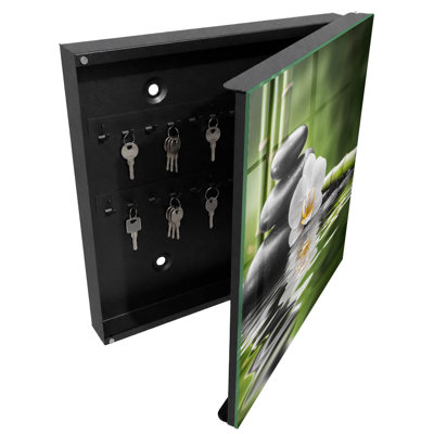 Key box for wall, Opens to the left, 30x30x5, Black, Delicate flower and stones on the water, 