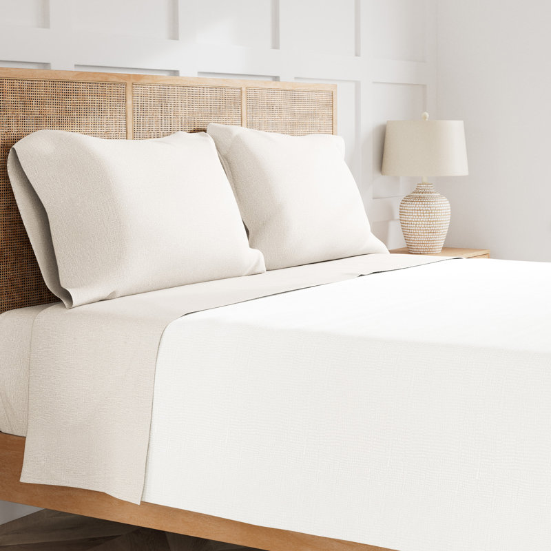 Ensemble de draps en lin, Naturel, Ensemble de draps pour grand lit avec 2 taies d'or