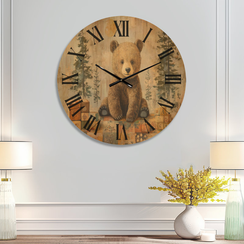 Tapis d'histoire de l'alphabet - Horloge murale ronde pour chambre d'enfant, motif en bois, Medium