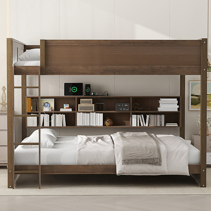 Queen Over Queen Bunk Bed With Storage Cabinets, Bunk Bed With 2 Standard Plug Outlets & 2 USB Ports, Wood