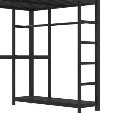 Lit mezzanine simple en métal avec garde-robe, bureau en L et cubes de rangement