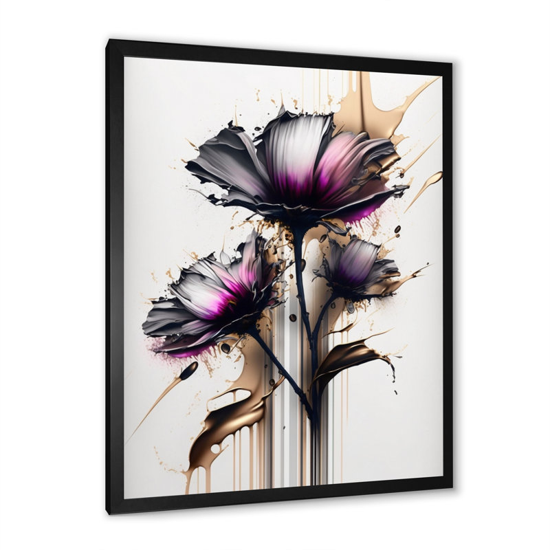 Marguerite rose sur fond abstrait III - Peinture sur toile, H 32 po x l 24 po x P 1 po, Impression noire sur toile encadrée