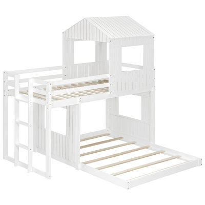 Lit simple superposé au dessus d'un lit double blanc avec maisonnette, et garde-corps sécurisés de 78,7 po x 82,8 po