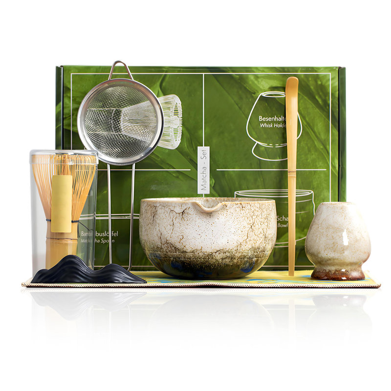 Ensemble de fouet à matcha de qualité supérieure avec bol en céramique - Ensemble complet de 7 pièces avec fouet en bambou, tamis et pelle pour débutants - blanc
