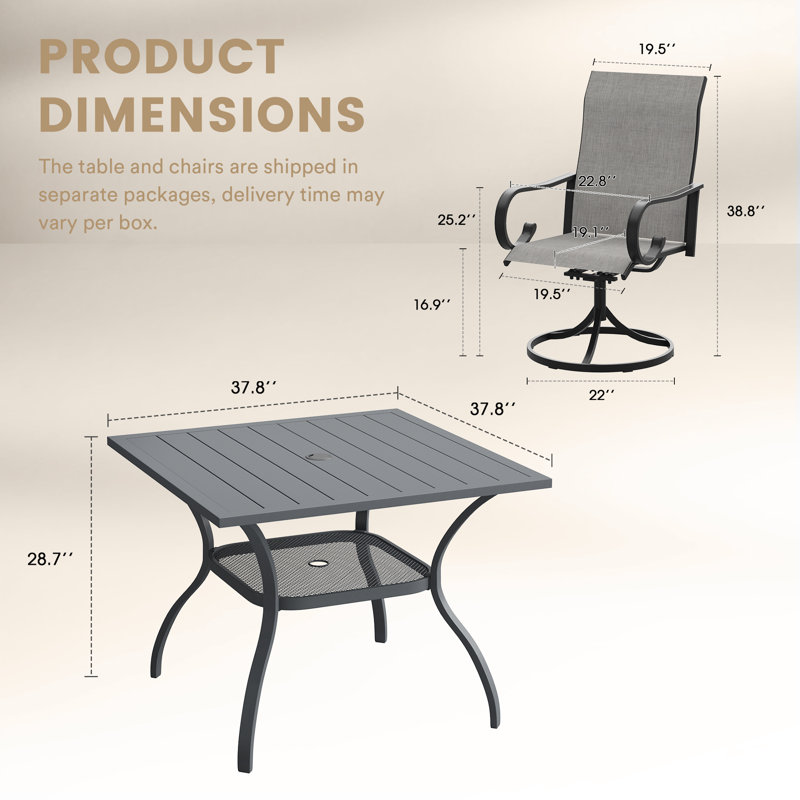 Ensemble repas d'extérieur carré pour 4 personnes avec chaises pivotantes à 360 °, Grey, Gris