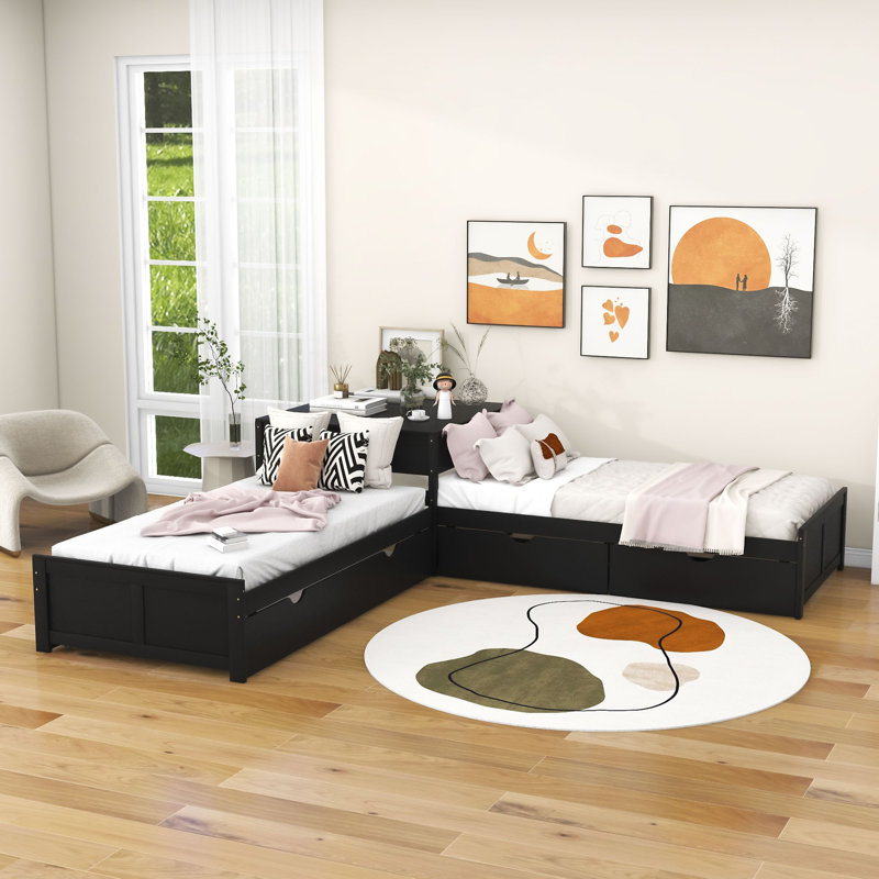 Twin Size 2 Drawers L-shaped Platform Beds with Trundle and Built-in Table, Espresso