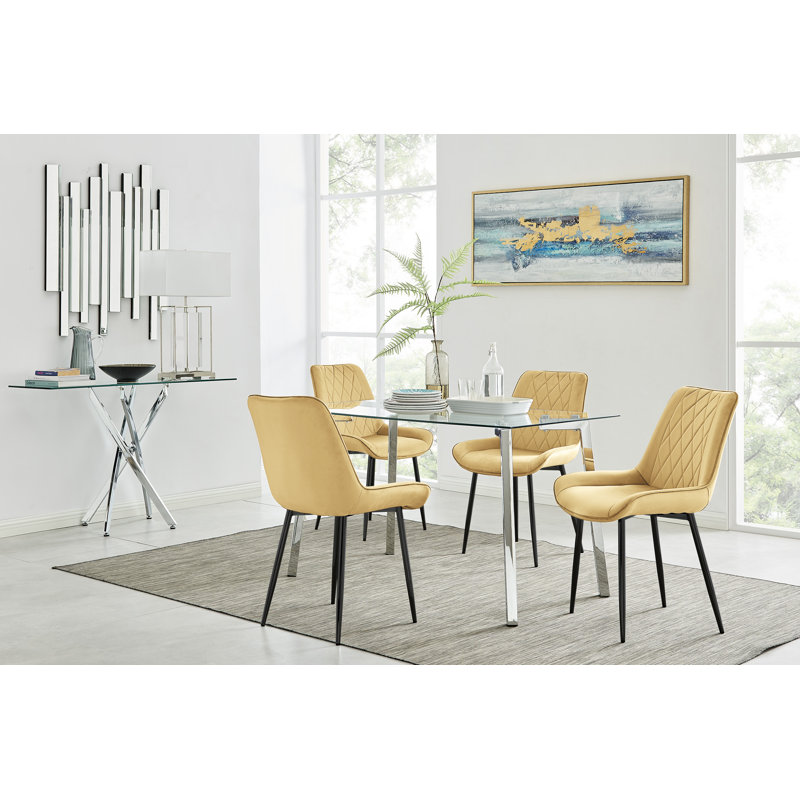 Modern Casino Glass and Metal Hairpin Leg Dining Table Set With 4 Luxury Velvet Dining Chairs