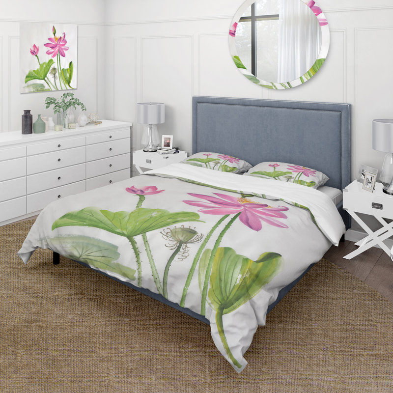 Deux fleurs de lotus roses - ensemble de housse de couette traditionnel - microfibre de polyester