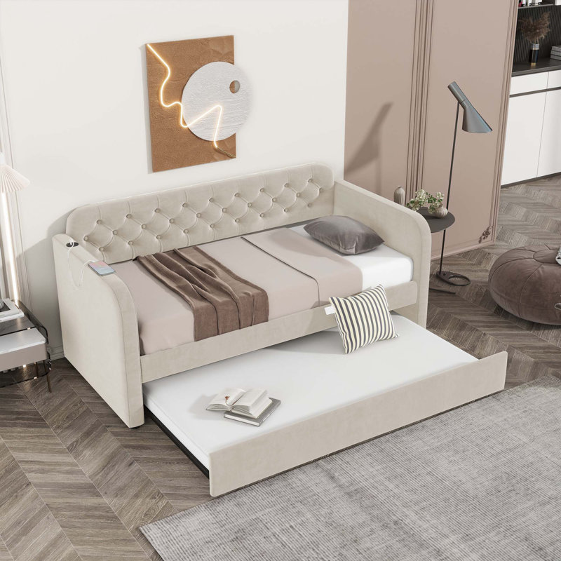 Upholstered Daybed With Trundle And USB Charging Design, Beige
