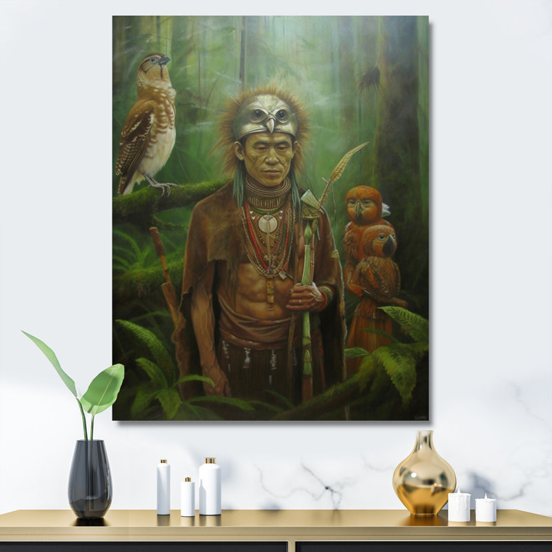 Chaman Amazonien, sagesse antique sur toile, H 44 po x l 34 po x P 1,5 po, Toile tendue