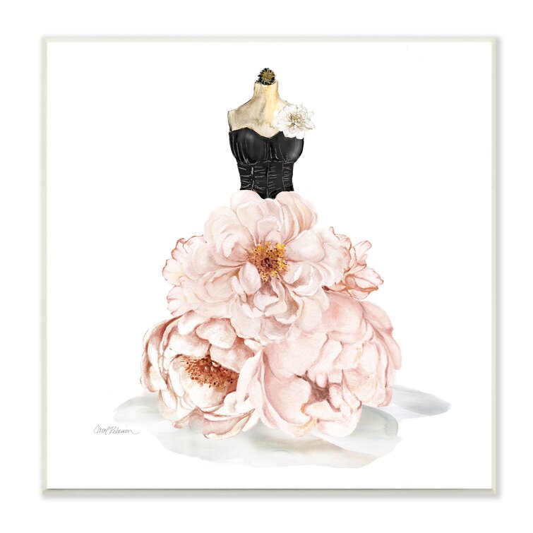 Stupell Industries Pink Peonies Floral Dress Black Corset Mannequin by Carol Robinson Unframed Abstract Wood Wall Art Print 12 in. x 12 in.
