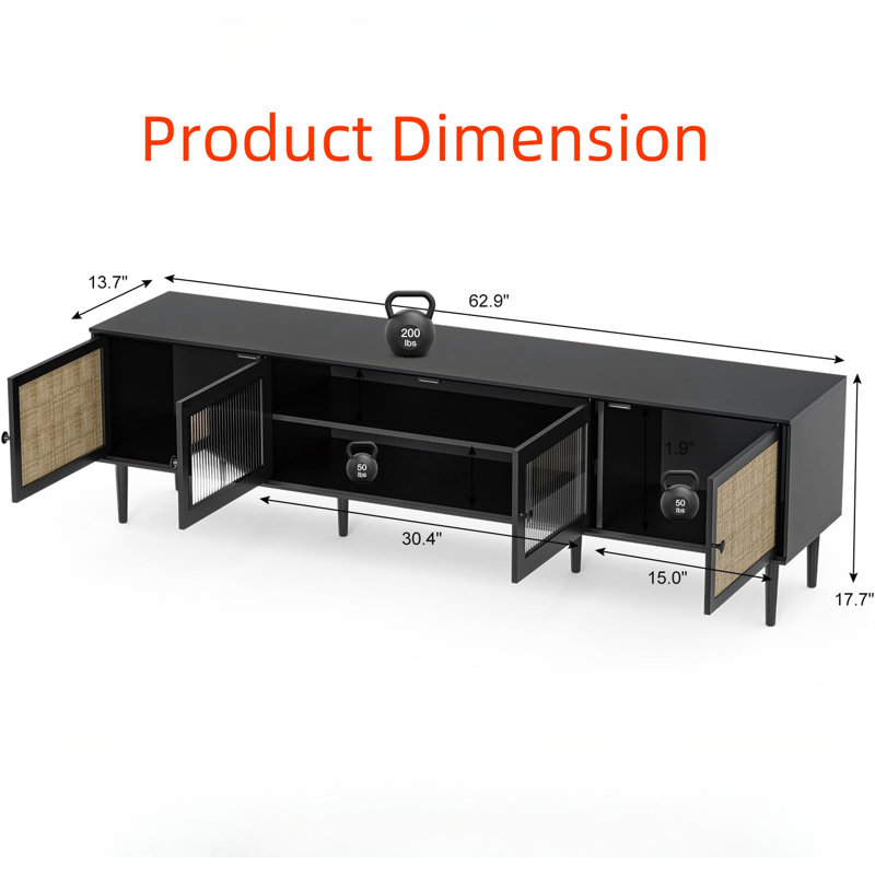 Modern LED Rattan TV Stand For 75 Inch TV, With 2 Rattan Doors And 2 Glass Doors, Floor Standing TV Cabinet For Living Room, Bedroom