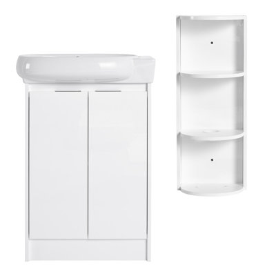 Meuble-lavabo autoportant moderne en contreplaqué avec lavabo en céramique et tablette de rangement autoportante