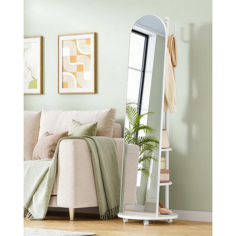 Full Length Mirror, 360° Rotating Floor Mirror with Wheels, 165 x 45 cm, Standing Mirror with Coat Rack, with Shelves and Hooks for Bedroom, Living Room, Tempered Glass, White 