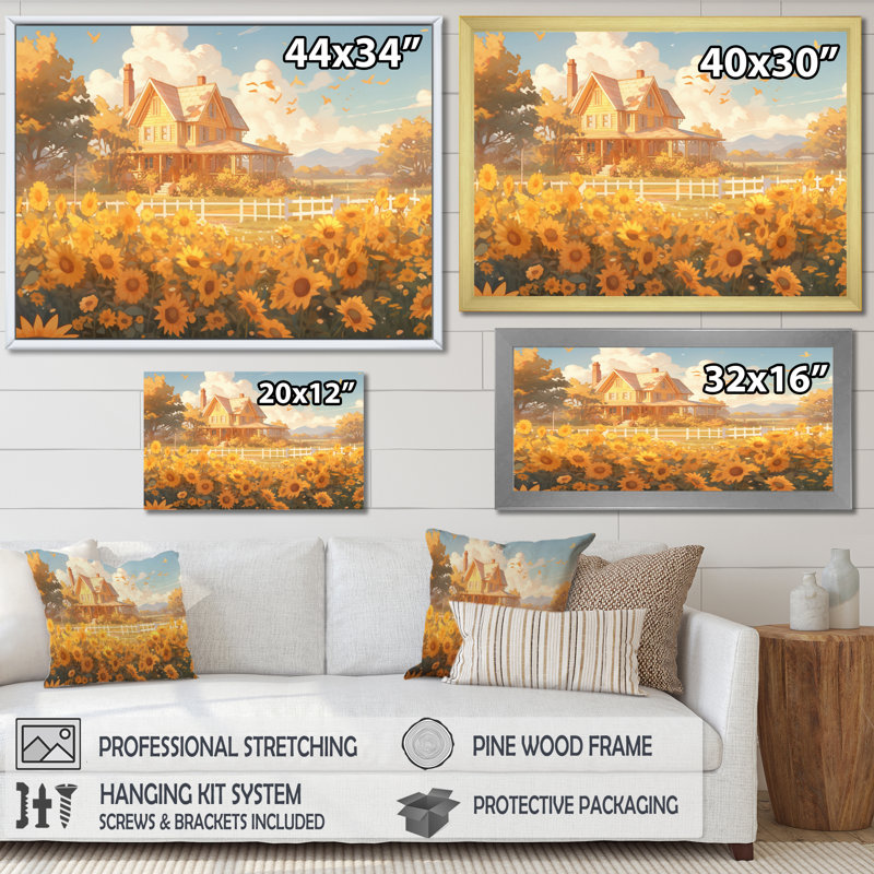 Tournesol doré à la ferme I - reproduction sur toile, H 34 po x l 44 po x P 1,5 po, Cadre flottant noir