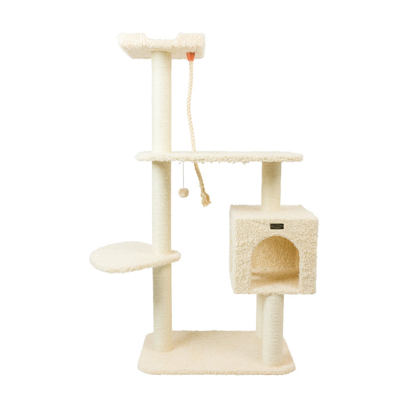 57" Beige Faux Fur and Sisal Cat Tree with Condo