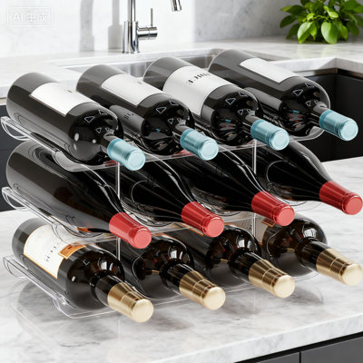 3-Tier Stackable Wine Rack Organizer, Clear Acrylic Countertop & Floor Standing Bottle Holder With Sturdy Metal Pillars, Multi-Purpose Storage For Win