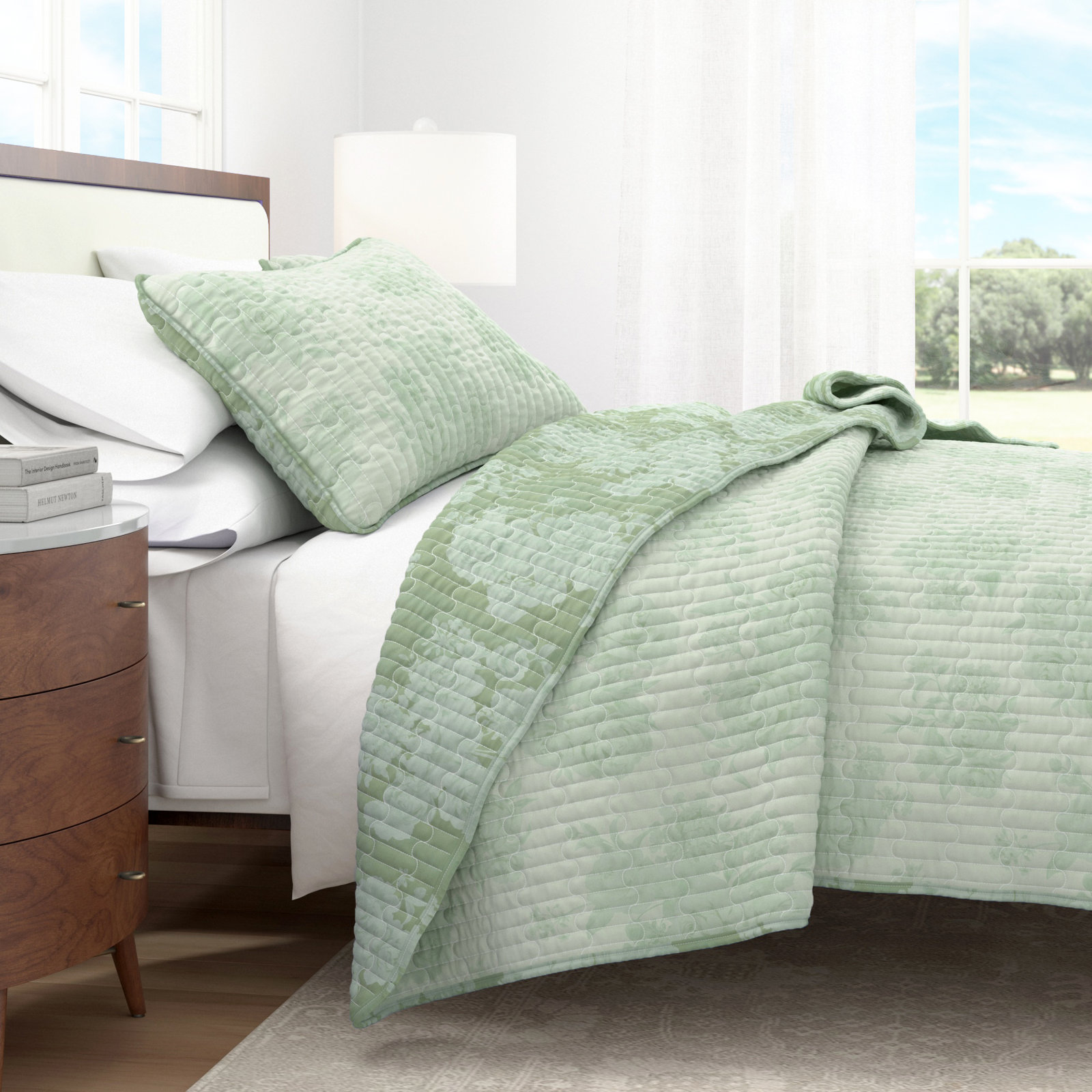 Reversible Vintage Floral Cotton Quilt Set, Full Quilt + 2 Standard Shams, Eucalyptus Floral