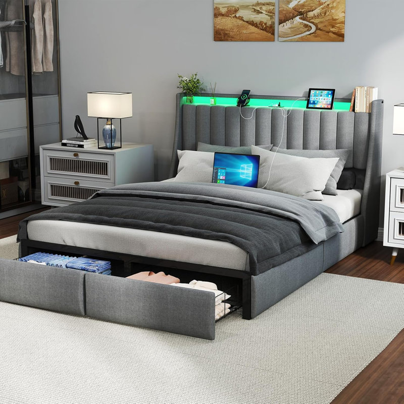 Upholstered LED Bed Frame with 2 Drawers, Bed with Storage Headboard and Charging Station