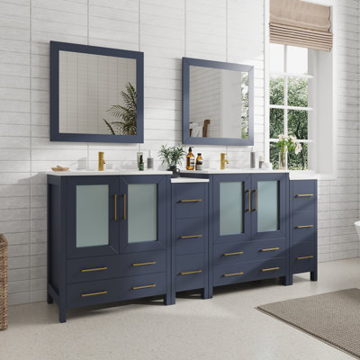 Ensemble de meuble-lavabo autoportant à double cuve 84 po avec plateau en céramique et miroirs assortis Brescia