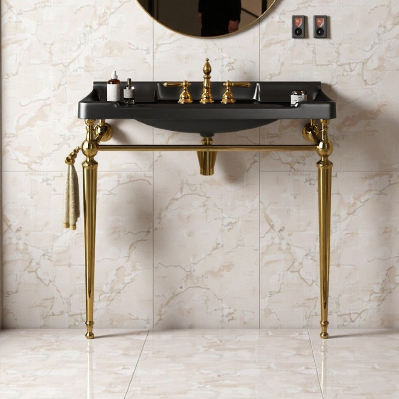 Lavabo de console de salle de bain mural moderne avec pieds de support autoportants et barre à serviettes - Lavabo en céramique facile à nettoyer, 3 trous de robinet pré-percés, robinet non inclus