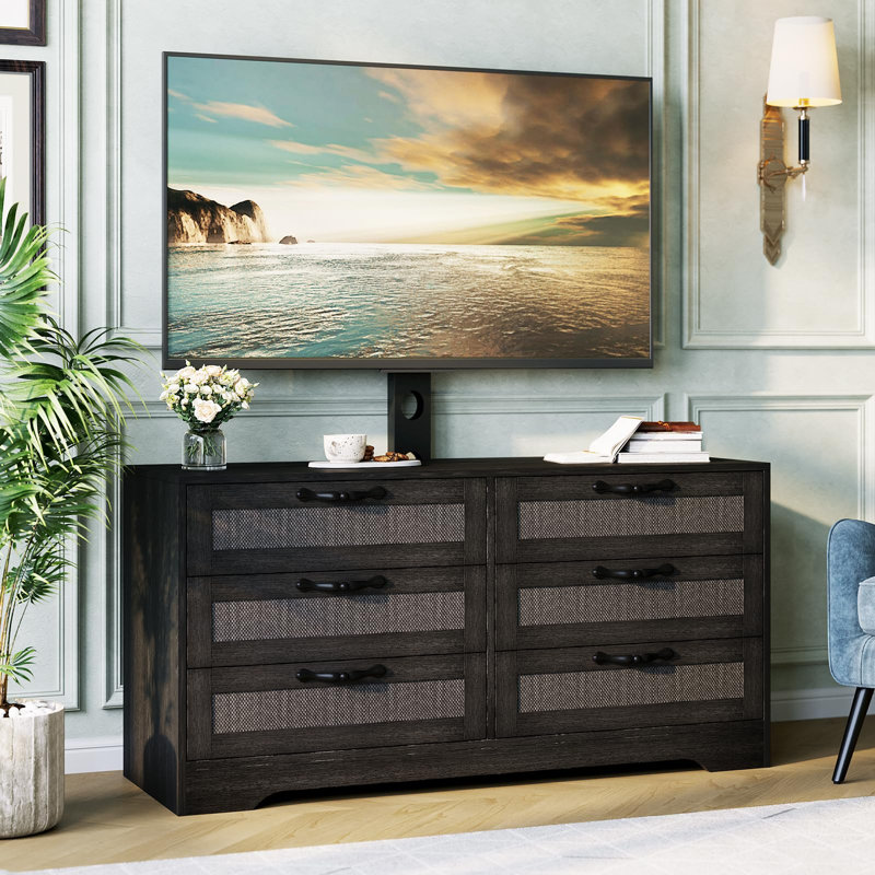 Meuble télé avec support, commode à 6 tiroirs moderne en rotin pour salon 47,2 po, Noir