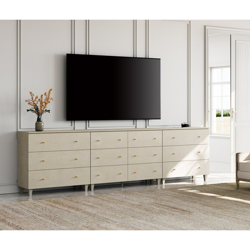 3-In-1 Wood TV Stand Dresser With 12 Drawers For 100+ Inches Tvs, Beige
