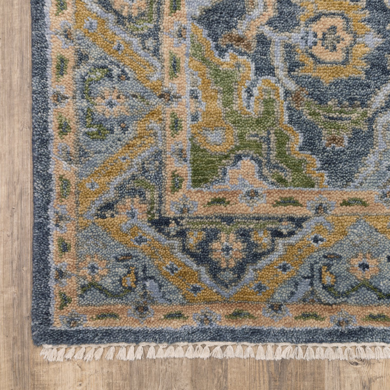 Tapis traditionnel bleu / vert en laine fabriqué à la main Gowen, Rectangulaire 8 pi x 10 pi