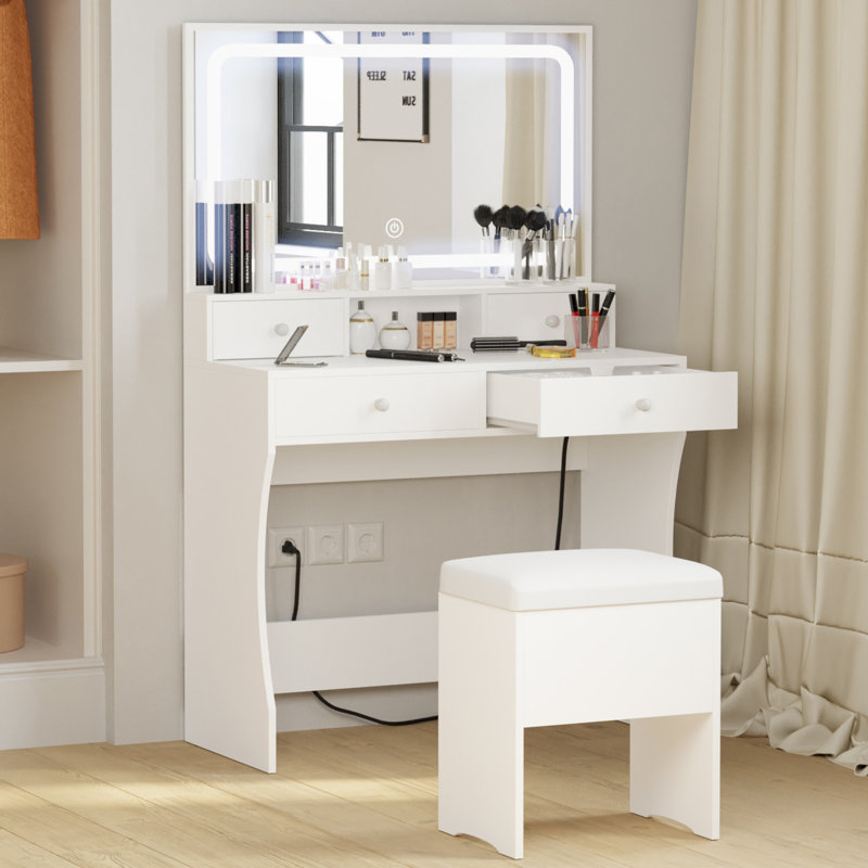 Baelyn Makeup Vanity  with  LED Lighted Mirror,  Modern 4 Drawers Vanities Desk with Stool, White