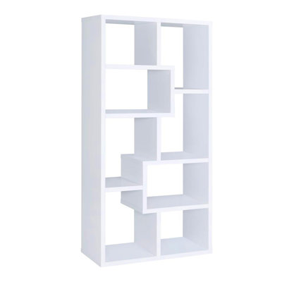 Bibliothèque géométrique blanche à dix tablettes avec dossier ouvert, idéale pour l'organisation et les souvenirs, espace vertical de conception moderne, coins de salon compacts, avec dispositif de retenue, fabriqué à partir de