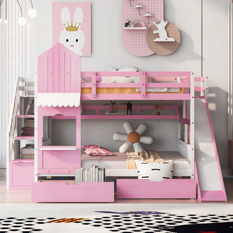 Hatina Kids Castle Style Storage Bunk Bed with Slide and Stairs, Full over Full, Pink