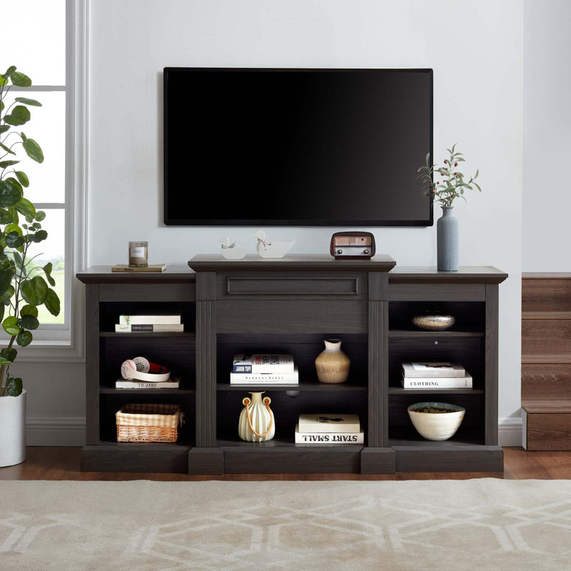 Wood Top TV Stand With Shelves, Black, No