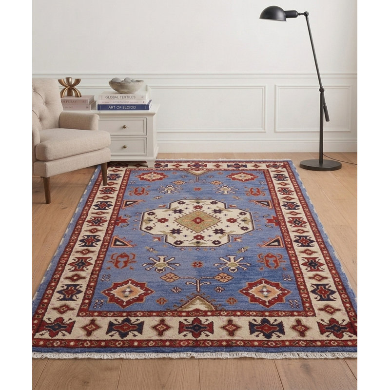 Tapis d'intérieur rectangulaire oriental fait main en soie et laine bleues et blanches, noué à la main, Rectangle 6 pi x 9 pi